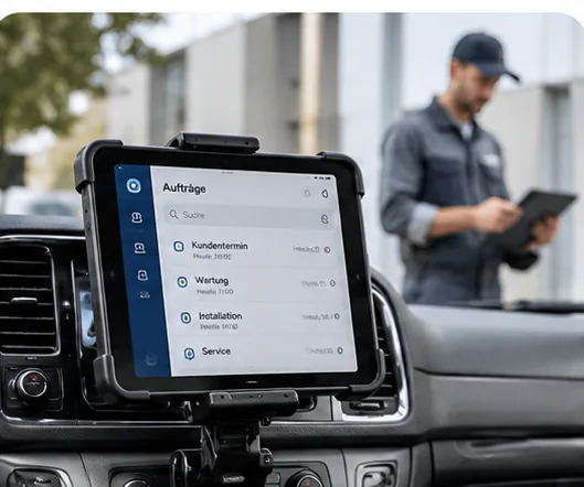 Illustrativer Tablet-Arbeitsplatz im Servicefahrzeug