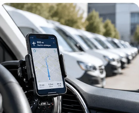Illustration einer mit Mobilgerätehalterungen ausgestatteten Fahrzeugflotte