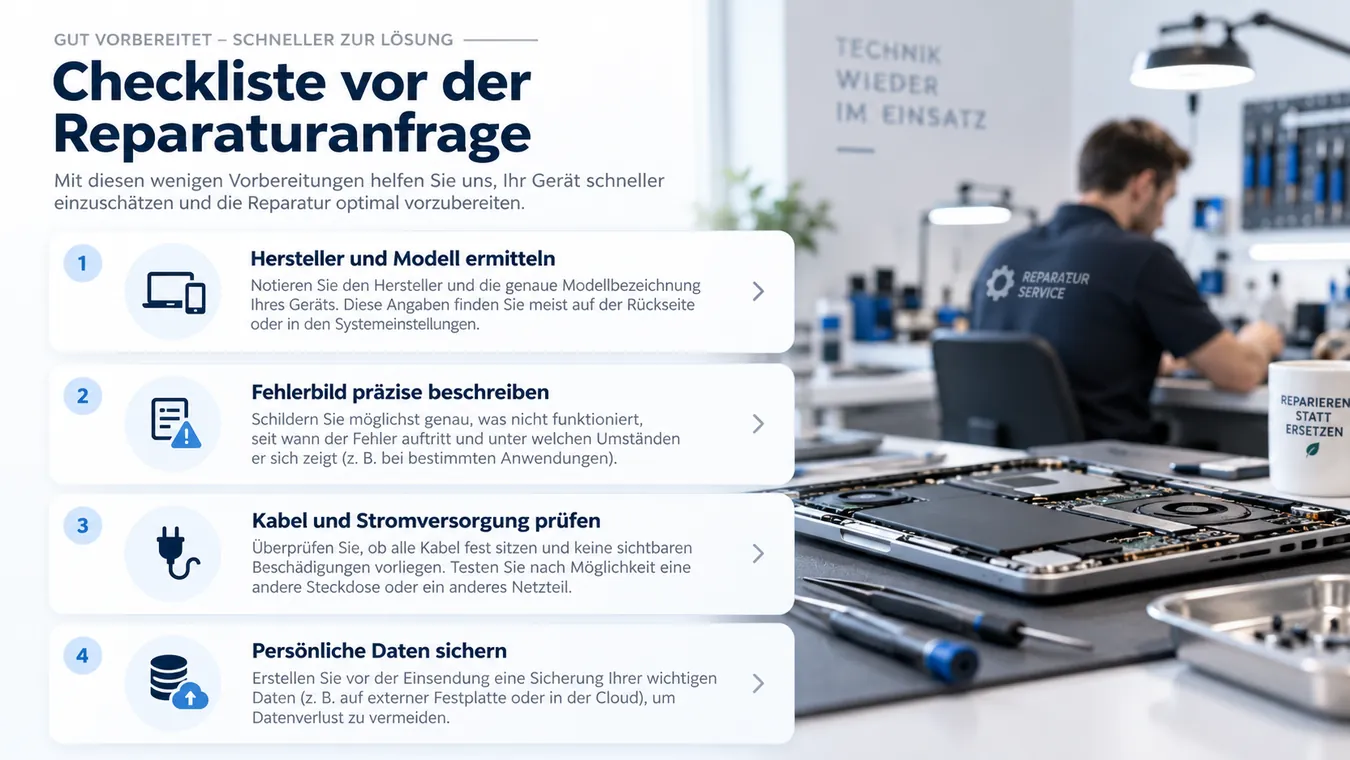 Illustratives Werkstattmotiv mit Checkliste für eine Reparaturanfrage, kein tatsächlicher Kundenauftrag