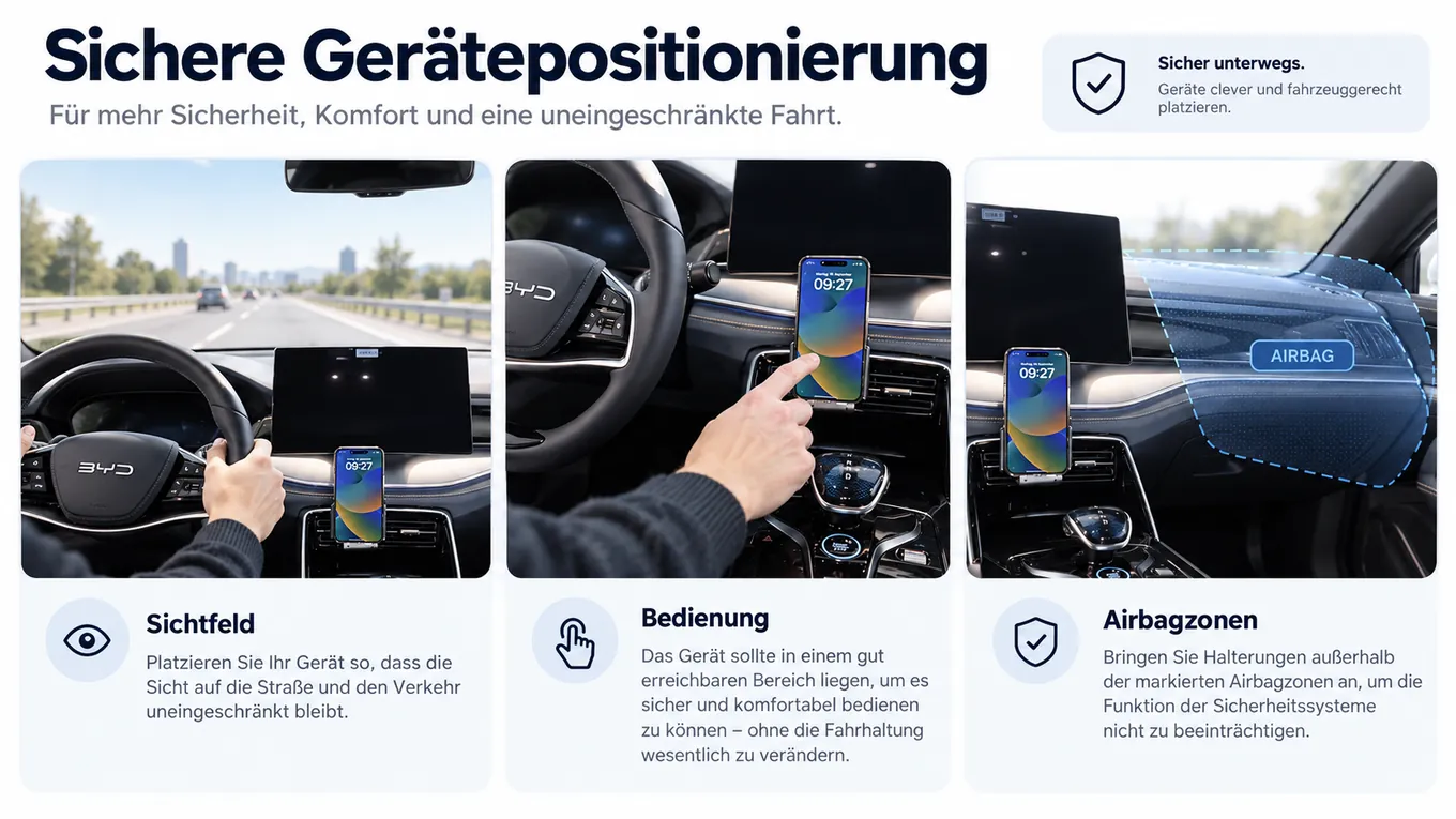 Illustrierte Übersicht zur Positionierung eines Geräts im Auto